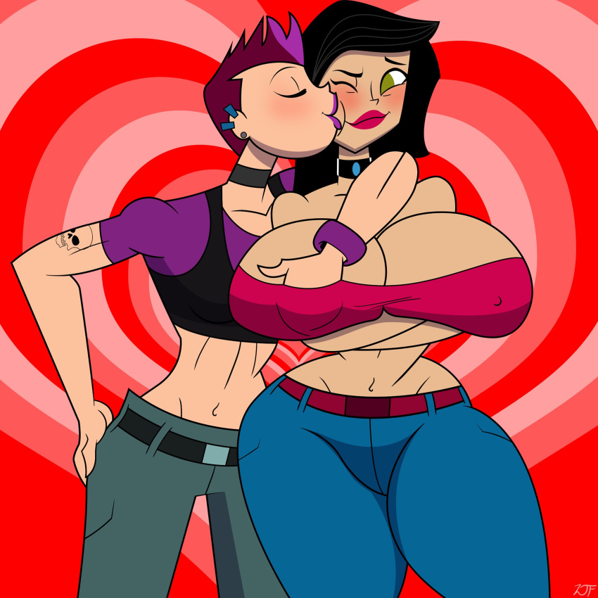 2girls arm_on_shoulder belly_button belt big_ass big_breasts black_hair breast_grab choker earrings fully_clothed habbo kim_(habbo) kissing kissing_cheek les_(habbo) lesbian lesbian_kiss long_hair pants piercing purple_hair rustysh4ckl3ford shirt short_hair spiky_hair topwear total_drama_(series) yuri