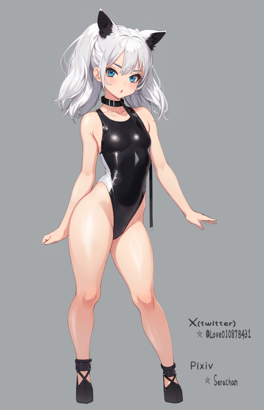 animal_ears big_ass blue_eyes collar female female_only little_girl serachan slave slavegirl small_breasts thick_thighs white_hair white_skin