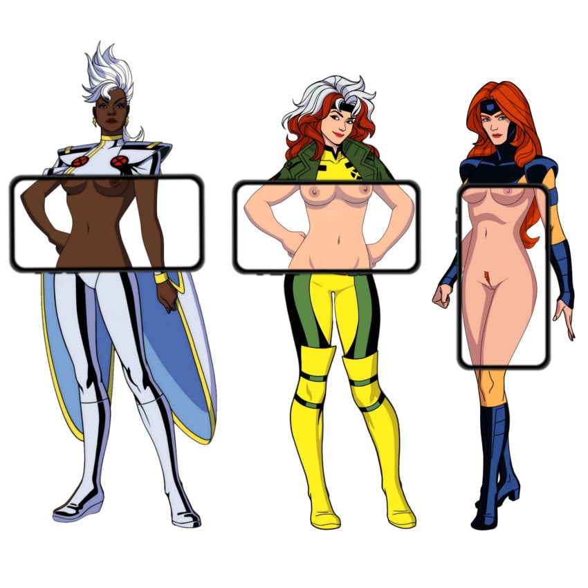 3girls anna_marie dark-skinned_female dark_skin female female_only human human_only jean_grey light-skinned_female light_skin lionprideart marvel marvel_comics multiple_girls nude ororo_munroe phone_view rogue_(x-men) storm_(x-men) white_background x-men x-men_97 x-ray