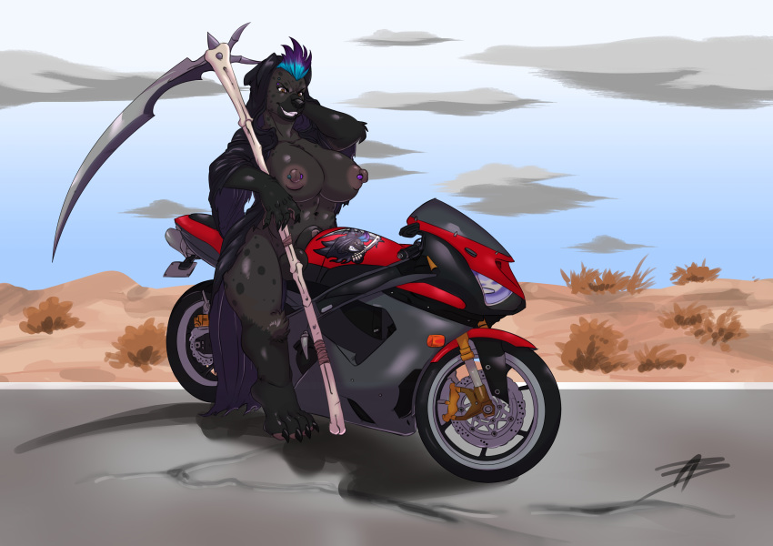 animal_genitalia balls big_breasts blueavis breasts cock_tip cyan_hair death_(personification) female futa futa_only futanari grim_reaper hair hyena mammal melee_weapon motorcycle nipple_piercing nipples piercing polearm purple_hair scythe sheath sky spots vehicle weapon