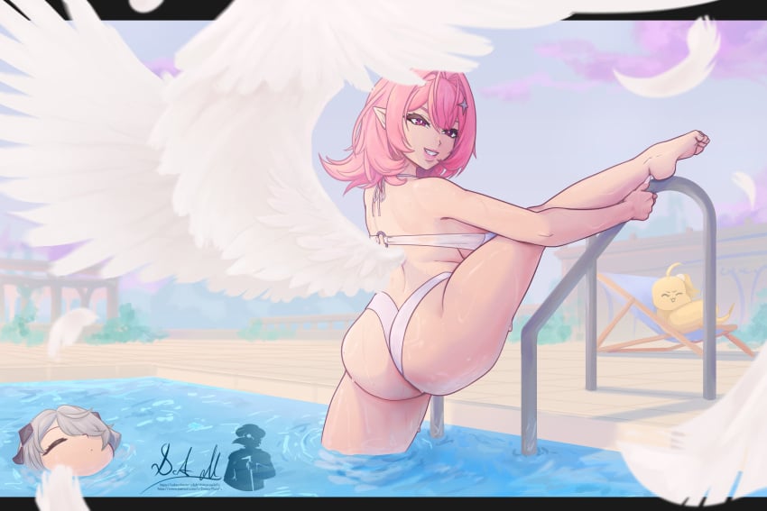 2girls ahoge animalization ass barefoot bikini breasts cissia_(zenless_zone_zero) doktor_malefic dracaene_sunbringer feet grey_hair highres large_breasts medium_hair multiple_girls pink_hair pointy_ears pool pool_ladder purple_eyes remielle_dan smile snake swimsuit toes water white_bikini white_wings wings yellow_snake zenless_zone_zero