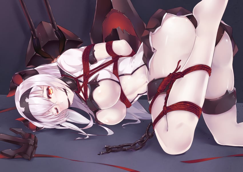 absurdres abyssal_ship air_defense_hime arms_behind_back ass black_panties black_skirt blush bondage bound breasts chains female gag gagged hair_between_eyes headband headgear highres kantai_collection kinbaku large_breasts long_hair looking_at_viewer navel one_eye_closed open_clothes open_shirt orange_eyes panties pleated_skirt restrained ribbon rigging rope shinkaisei-kan shirt skirt solo thigh_strap tied_up turret underboob underwear white_hair white_shirt zombie-andy