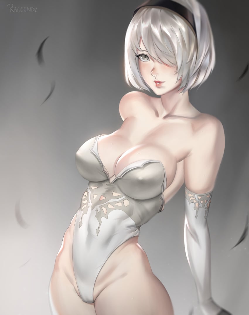 absurdres breasts cleavage female female_only hair_over_one_eye highres looking_at_viewer nier nier:_automata ragecndy solo yorha_2b