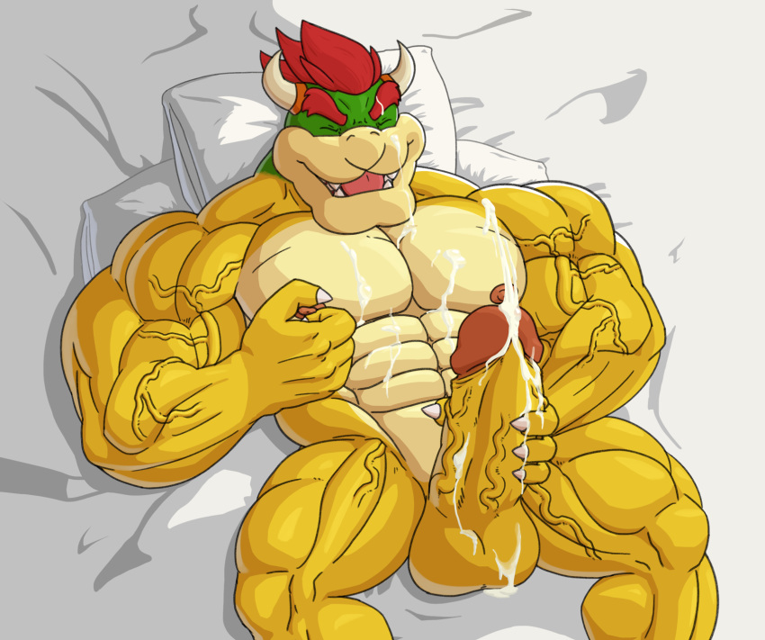 1boy 2019 5_fingers balls bed bowser buff claws closed_eyes cum cumming erection horn horns koopa lying male male_only mario_(series) masturbation muscles muscular_male nanbuskhan nintendo nipples on_back open_mouth penis penis_grab pillow red_hair reptile solo teeth testicles vein veiny_penis venis video_game video_games villain