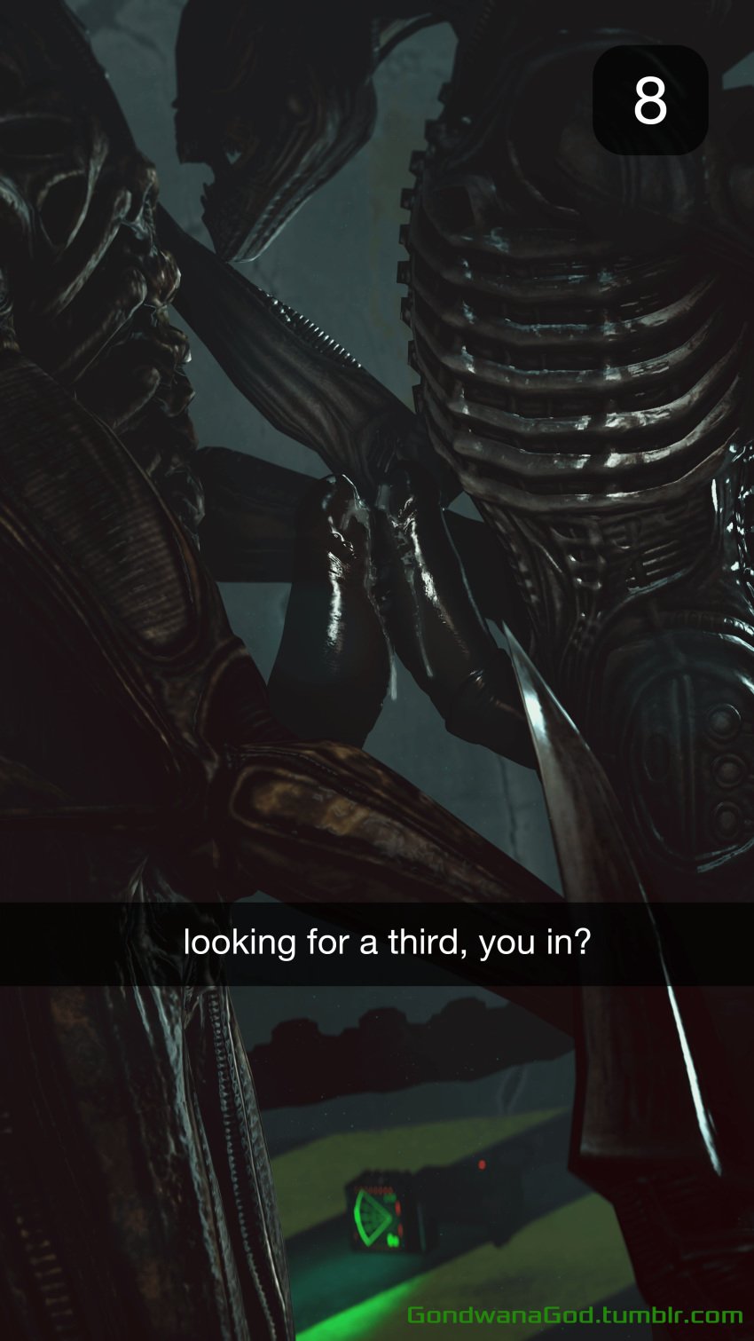 3d alien alien_(franchise) black_skin digital_media_(artwork) duo erection frottage gondwanagod inviting male male_xenomorph open_mouth penis precum sex snapchat source_filmmaker standing xenomorph yaoi