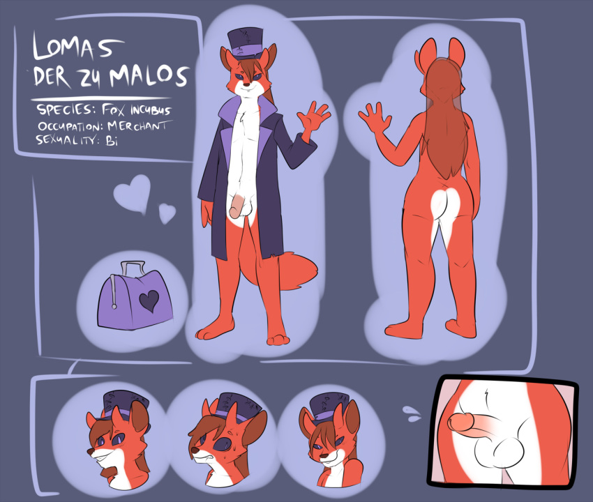 2017 anthro ass bag balls black_eyes bubble_butt canine clothing coat digital_media_(artwork) english_text erection fox fur furry hair hat horn humanoid lomas_(character) male mammal metal_(artist) model_sheet nude penis purple_iris red_fox smile solo standing text top_hat white_fur