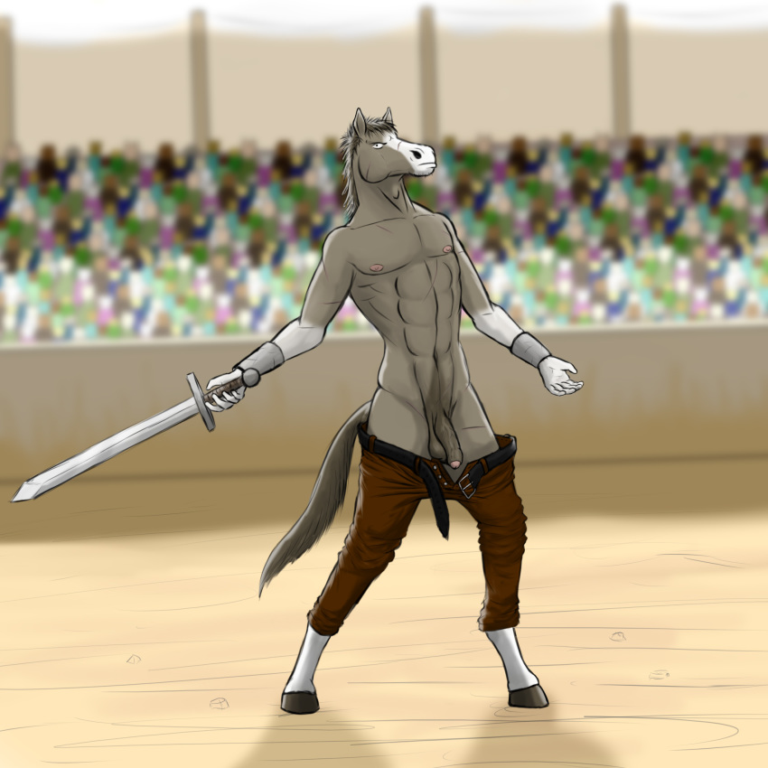 anthro arena armor balls clothed clothing confident equine flaccid hair hi_res horse humanoid_penis male male_only mammal maskopatol melee_weapon muscular muscular_male navel nipples nude pants_down partially_clothed penis sagging_balls scar showing solo sword unconvincing_armor uncut vein veiny_penis weapon