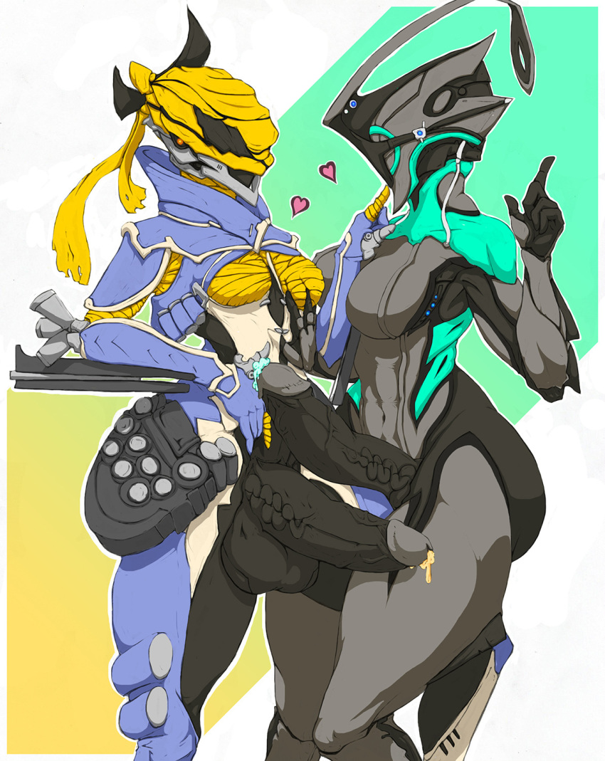 2d 2d_(artwork) 2d_artwork alien balls big_penis blue_cum breasts colored_cum cum dickgirl futa_only futanari harkonner heart intersex mesa_(warframe) nyx_(warframe) orange_cum penis tenno unusual_cum video_games warframe