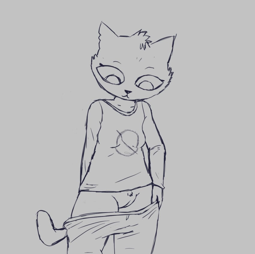 1girls 2017 anthro clothed clothing domestic_cat eyebrows eyelashes felid feline felis female female_only furry innie_pussy knullox logo looking_down mae_(nitw) mae_borowski mammal monochrome night_in_the_woods no_panties no_underwear notched_ear null_symbol pants pubes pulling_down_pants pussy shirt simple_background sketch solo tuft undressing