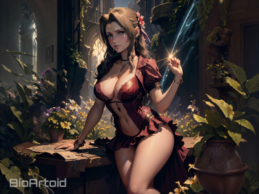 aerith_gainsborough ai_generated bioartoid brown_hair cleavage final_fantasy final_fantasy_vii final_fantasy_vii_remake green_eyes legs