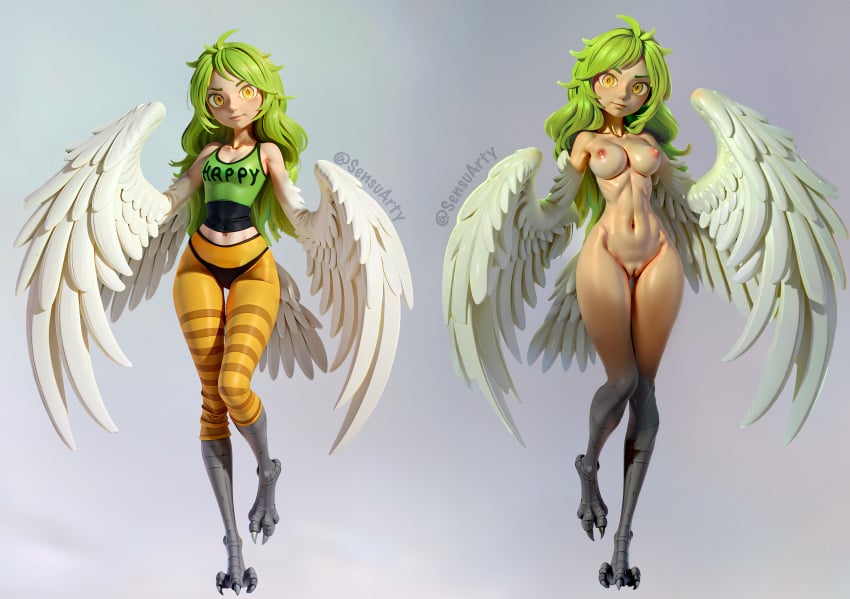 abs ai_generated anthro areolae big_breasts breasts claws feathers furry green_hair harpy harpy_girl pose posing sensuarty small_waist stomach thick_thighs thighs wings yellow_eyes yiff