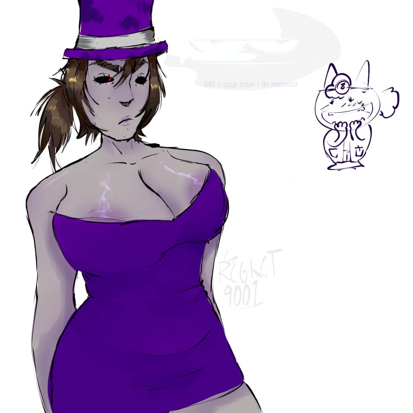 1girls areola_slip areolae black_eyes black_outline brown_eyebrows brown_hair cleavage clothed collarbone dress eyelashes grey_skin hands_behind_back hat large_breasts large_hips mach_(regretevator) neutral_expression no_background ponytail purple_dress purple_hat red_pupils regret9001 regretevator roblox roblox_game robloxian self_upload shiny_breasts short_dress small_waist solo_focus