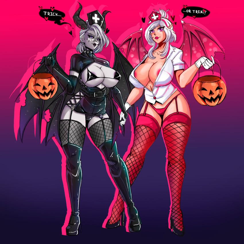 2girls black_eyeliner black_sclera character_request cleavage costume deathblooms demon_girl demon_horns demon_wings fishnet_stockings goth halloween holding_hands large_breasts latex_boots lavender_hair lavender_skin multiple_girls nipple_slip nurse nurse_outfit pointy_ears pumpkin_basket purple_eyes revealing_outfit succubus trick_or_treat virtual_youtuber vtuber