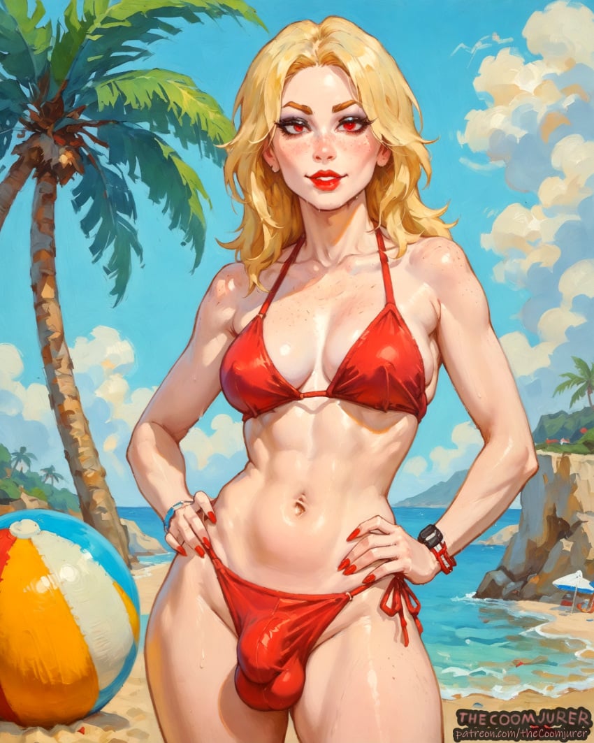 1futa abs absurd_res absurdres ai_assisted ai_generated beach bikini bikini_bottom bikini_top blonde_hair bulge bulge_through_clothing dickgirl eyelashes eyeliner eyeshadow freckles futa_bulge futa_only futa_sans_pussy futanari hand_on_hip high_resolution highres light-skinned_futanari light_skin long_hair looking_at_viewer makeup medium_breasts muscular muscular_female muscular_futanari parted_hair penis_in_bikini penis_in_swimsuit red_bikini red_eyes red_lips red_lipstick self_upload side-tie_bikini small_penis small_penis_futa solo swimsuit swimwear thecoomjurer toned toned_female toned_futa