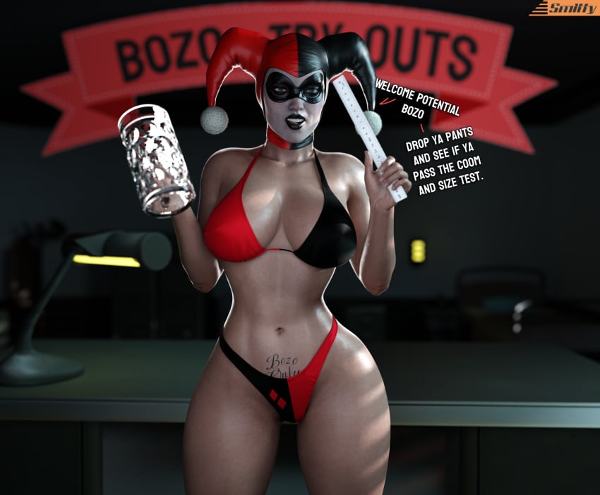 1girls 3d batman:_arkham_knight batman_(series) big_breasts bikini bozo_pubic_tattoo breasts dc dc_comics dialogue female female_only harley_quinn harley_quinn_(classic) harley_quinn_(injustice) high_resolution highres injustice_2 pubic_tattoo smitty34 solo text thick_thighs wide_hips