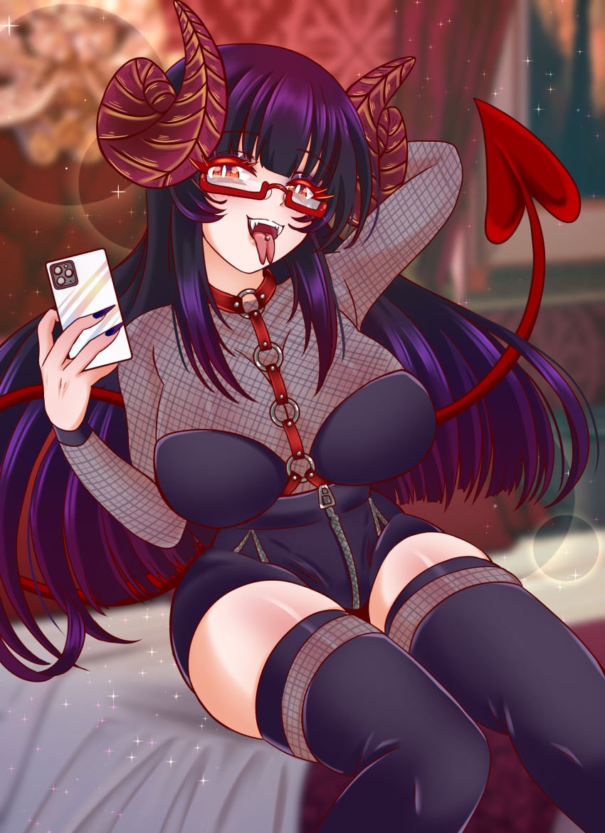 arm_behind_head clothed demon_girl demon_horns demon_tail glasses goth goth_girl large_breasts non_nude phone phone_in_hand purple_hair sitting succubus taking_picture taking_selfie tane_tenshi tongue_out tongue_piercing virtual_youtuber vtuber