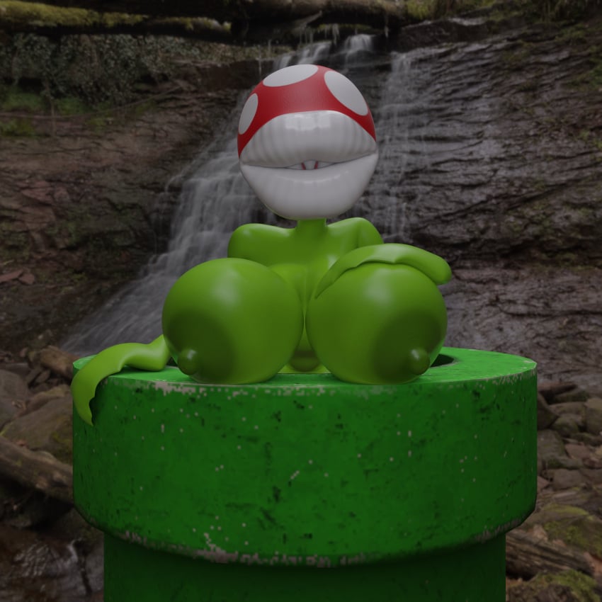 1girl 3d blender_(software) girl_only hand_on_breast humanoid large_breasts leaf_hands leaning_forward leaning_on_object mario_(series) nude outdoors piranha_plant plant plant_girl solo_female