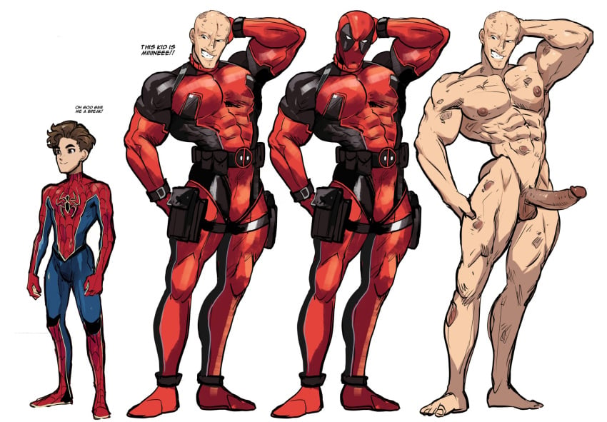 alpha_male boner cocky cocky_smile daddy deadpool dialogue english_dialogue english_text erect_penis erection fraternity hand_on_head hard_on human human_only light-skinned_male light_skin lilprincyvi male male_only manly marvel muscles muscular muscular_male pale_skin peter_parker size_difference spider-man teen_boy text verbal wade_wilson