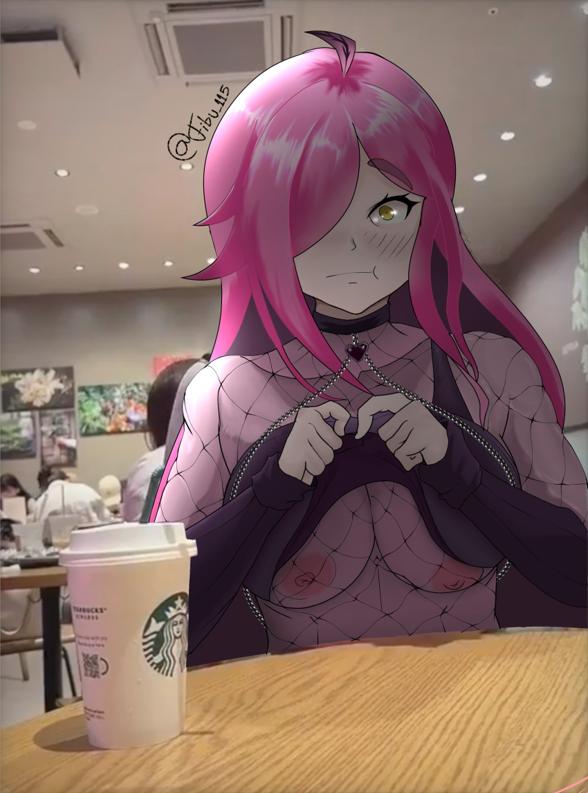 1girls blush breasts exhibitionism fibu_115 flashing flashing_breasts latam_virtual_youtuber lifted_shirt neneefthy nipples pink_hair public public_nudity shirt_lift short_hair starbucks tagme text topless virtual_youtuber vtuber vtuberfanart