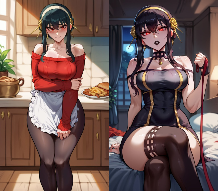 1girls ai_generated apron before_and_after black_hair black_legwear black_lipstick brinkai femdom leash legs_crossed lipstick pantyhose red_eyes sitting spy_x_family standing stockings yor_briar