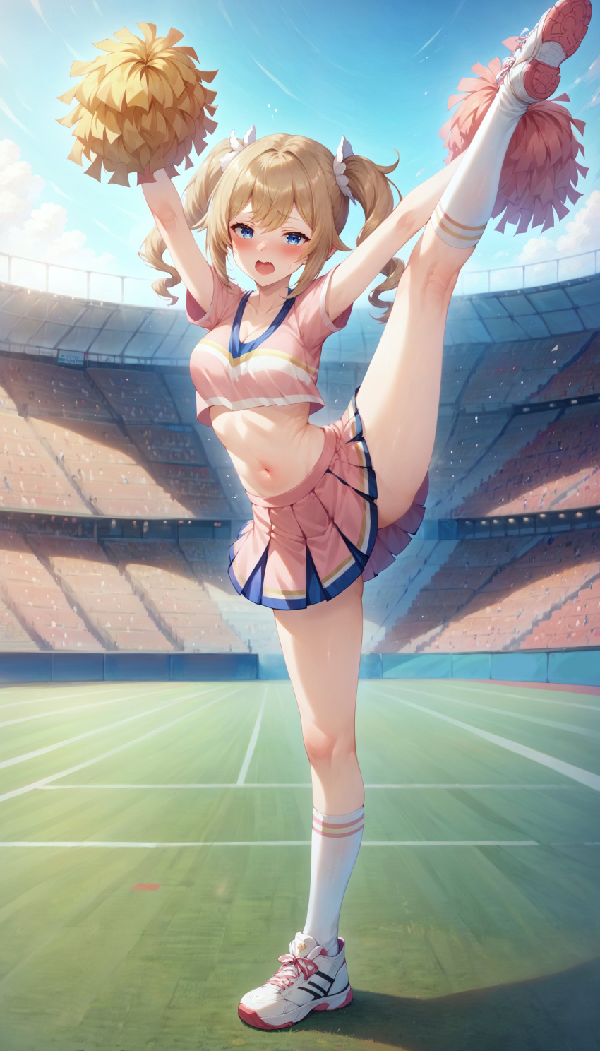 1girls ai_generated aimoonshine alternate_costume armpits arms_up bangs barbara_(genshin_impact) blonde_hair blue_eyes blue_sky blush breasts cheerleader crop_top day drill_hair embarrassed female female_only full_body genshin_impact holding kneehighs leg_up looking_at_viewer medium_breasts medium_hair midriff mihoyo miniskirt navel open_mouth outdoors pink_shirt pink_skirt pleated_skirt pom_pom_(cheerleading) pom_poms shirt shoes short_sleeves skirt sky sneakers socks solo split stadium standing standing_on_one_leg standing_split stomach sweat thighs twin_drills twintails white_footwear white_socks