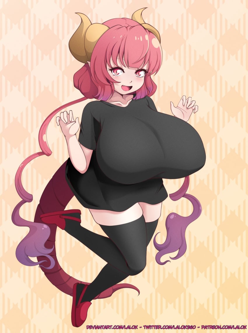 1girl 1girls alternate_version_at_source alternate_version_available big_breasts black_shirt black_thighhighs blush blush_lines blushing_at_viewer blushing_female boobs breasts breasts_bigger_than_head busty clothed clothed_female clothes clothing cute cute_fang deviantart_username dragon dragon_girl dragon_horns dragon_humanoid dragon_tail female female_focus female_humanoid female_only full_body gradient_hair hands_up hi_res high_resolution highres horn horned_humanoid horns huge_breasts humanoid ilulu ilulu_(dragon_maid) ilulu_(maidragon) kobayashi-san_chi_no_maidragon lalox large_breasts light-skinned_female light_skin looking_at_viewer miss_kobayashi&#039;s_dragon_maid multicolored_hair no_visible_genitalia one_leg_up open_eyes open_mouth patreon_username pink_eyes pink_hair pointy_ears purple_highlights red_shoes red_tail shirt shoes short_stack shortstack simple_background slit_pupils small_but_busty smile smiling smiling_at_viewer solo solo_female solo_focus tail text thick_thighs thighhighs thighs tits twintails twitter_username url voluptuous voluptuous_female watermark web_address yellow_background