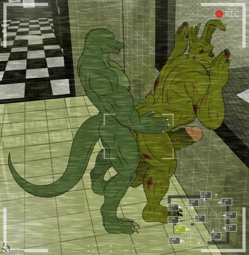 2boys adel_the_lizard anal_sex anthro ass closed_eyes cocky cocky_smile erection five_nights_at_freddy's five_nights_at_freddy's_3 fnaf from_behind furry gay green_body green_skin humanoid male male/male male_only muscular muscular_male nude penetration penis rabbit scalie scars_all_over scottgames sondinker_fazbear's springtrap springtrap_(fnaf)