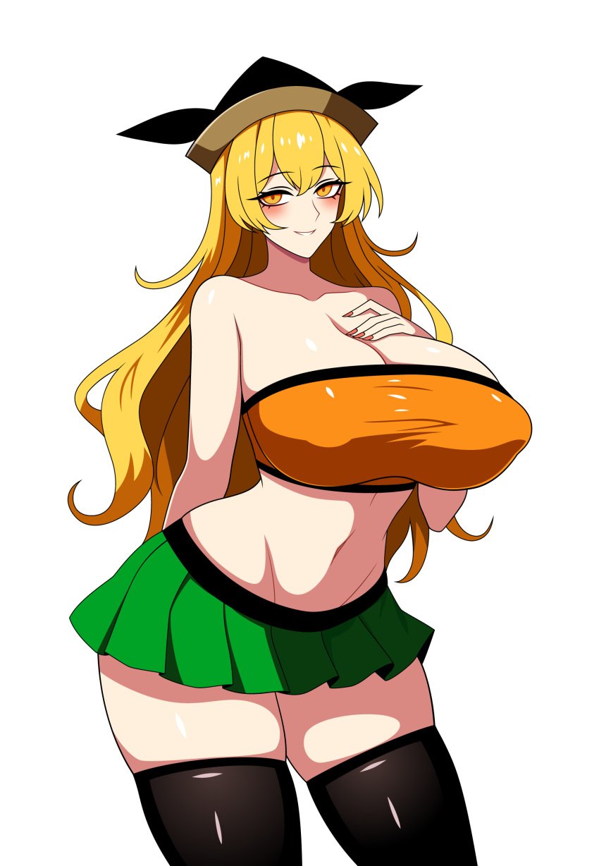 1girls 2d bare_shoulders belly belly_button big_breasts blonde_hair blush breasts breasts_bigger_than_head cleavage female goddess hand_on_breast hat hips huge_breasts large_breasts long_breasts long_hair looking_at_viewer nipple_bulge nipples okina_matara open_mouth skirt smile solo source ssaf ssaf52913778 ssaf_seibeupail standing thick_thighs thighhighs thighs touhou tubetop white_background wide_hips yellow_eyes