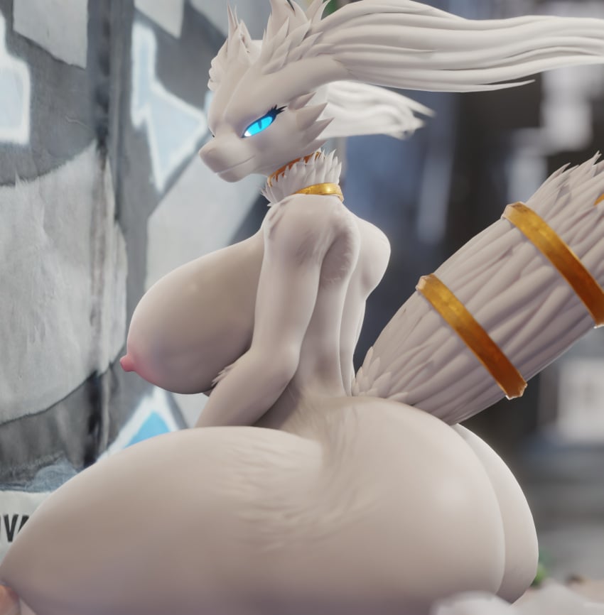 3d_(artwork) anthro ass big_breasts big_butt biped breasts digital_media_(artwork) female fur generation_5_pokemon hi_res huge_butt kneeling legendary_pokemon looking_at_viewer nintendo nipples pokemon pokemon_(species) pupils reshiram slit_pupils solo thick_thighs white_body white_fur xlkev