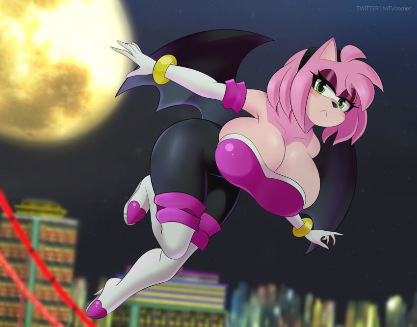 amy_rose amy_the_bat bat_wings big_breasts bodysuit busty flying goth_girl makeup moon mtvoomer neckline rouge_the_bat_(cosplay) seductive sonic_(series) spandex_suit thick_thighs