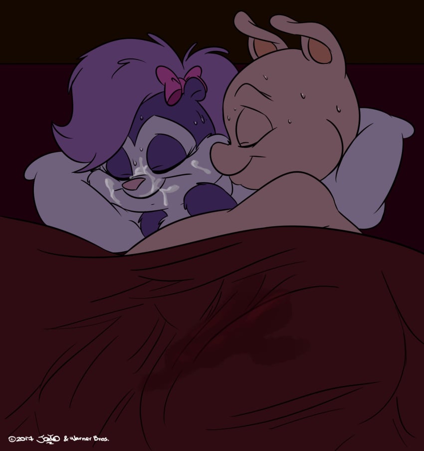 anthro bow_tie closed_eyes cum cum_on_face cumshot digital_media_(artwork) ejaculation female fifi_la_fume furry hamton_j_pig hug joaoppereiraus mammal no_humans orgasm pig pillow porcine sleeping sweat tiny_toon_adventures warner_brothers