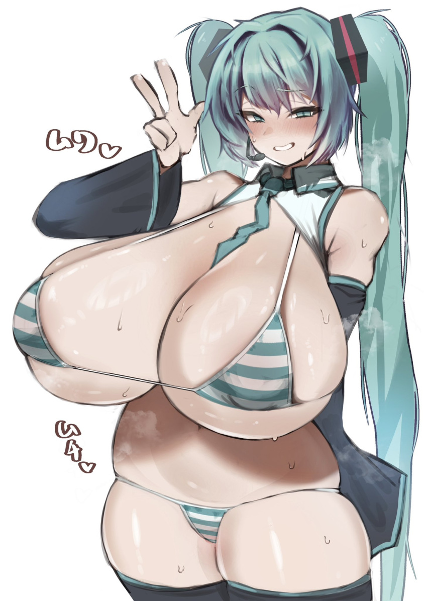 breasts_bigger_than_head collared_bikini curvy full-face_blush gigantic_breasts gigantic_thighs hatsune_miku hatsune_miku_(collared_bikini) huge_breasts japanese_text meme_attire micro_bikini plump skindentation smile steam steaming_body striped_bikini sweaty sweaty_body text thick_thighs thighhighs vocaloid voluptuous w wide_hips