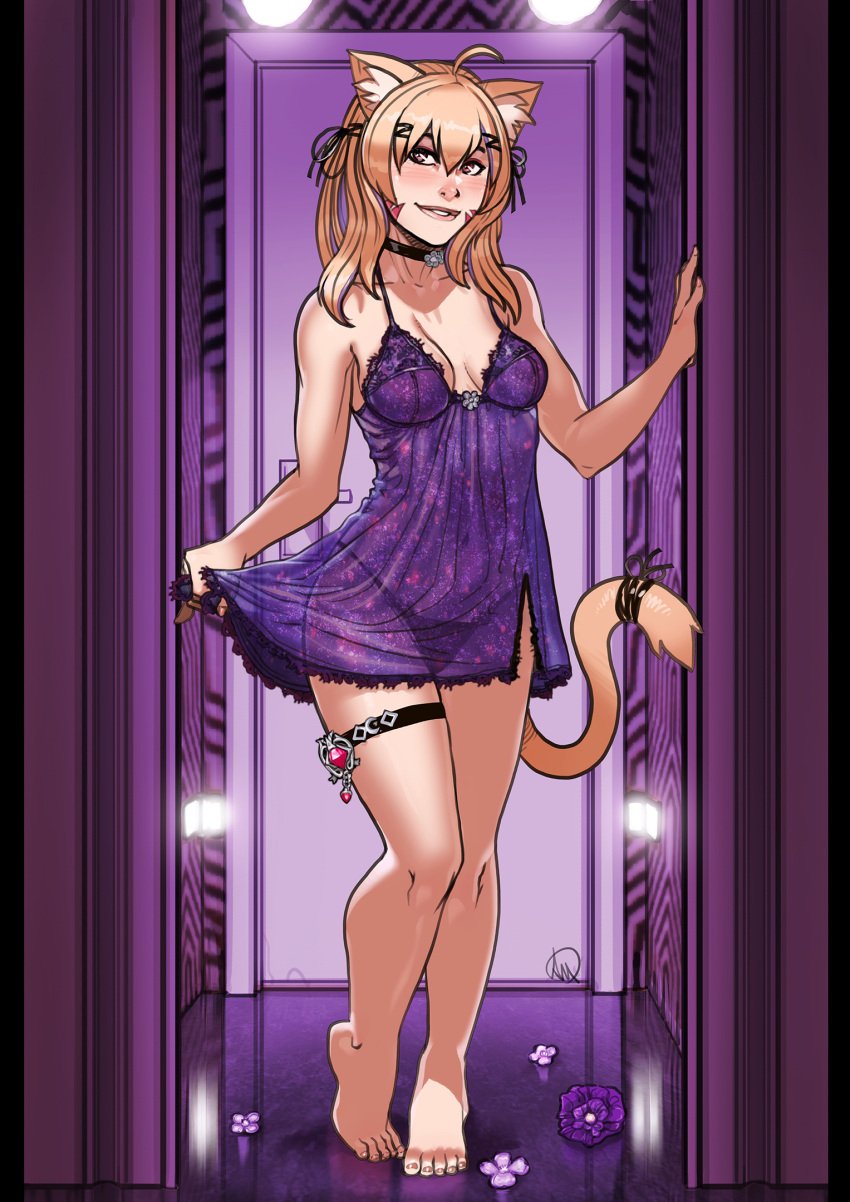 1girl 1girls animal_ears babydoll bangs bare_arms bare_legs bare_shoulders barefoot black_nails blonde_hair blush breasts cat_ears cat_tail catgirl chemise choker cleavage collarbone dress ear_piercing face_markings feet female female_only full_body hair_ornament hair_ribbon indoors long_hair looking_at_viewer medium_breasts nail_polish panties piercing purple_dress red_eyes ribbon see-through short_dress side-tie_panties smile solo squchan_(vtuber) standing tail thigh_strap tongue tongue_out underwear virtual_youtuber vyugen