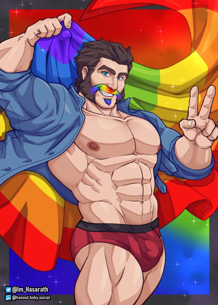 1boy abs bara blue_eyes briefs brown_hair bulge dilf facial_hair gay gay_pride graves_(league_of_legends) hasout_b human league_of_legends male male_nipples male_only manly mature_male muscles muscular_male mustache mutton_chops no_visible_genitalia open_shirt pecs penis_bulge sideburns smooth_skinned_male solo soul_patch underwear