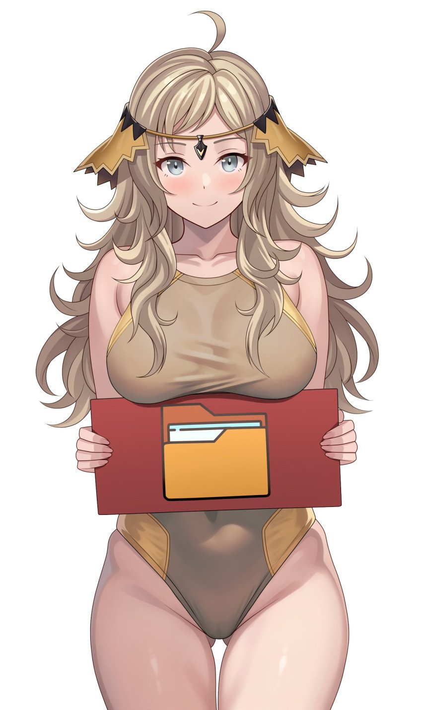 1girls absurdres ahoge alternate_costume ass_visible_through_thighs blonde_hair blue_eyes breasts brown_one-piece_swimsuit brown_swimsuit circlet closed_mouth commission female female_only fire_emblem fire_emblem_fates grey_eyes highres holding holding_object holding_sign large_breasts leotard light_smile long_hair looking_at_viewer messy_hair nintendo one-piece_swimsuit ophelia_(fire_emblem) sign solo swept_bangs swimsuit vodka13 white_background