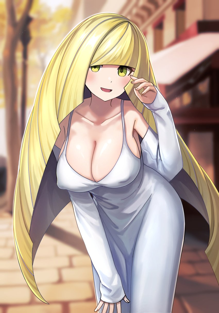 big_breasts blonde_female blonde_hair bodysuit breasts cleavage creatures_(company) female female_focus female_only game_freak gamefreak hair_covering_eye long_hair lusamine_(pokemon) nintendo nipples_visible_through_clothing pokemon pokemon_sm solo