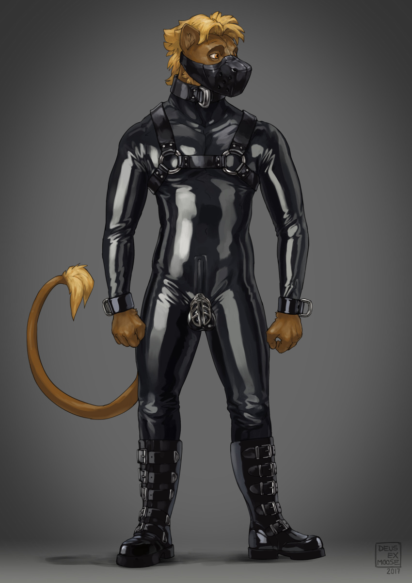 2017 anthro balls bondage boots bound chastity clothing collar deusexmoose feline footwear furry furry_only lion male male_focus male_only mammal muzzle_(object) muzzled no_humans penis rubber signature simple_background solo standing