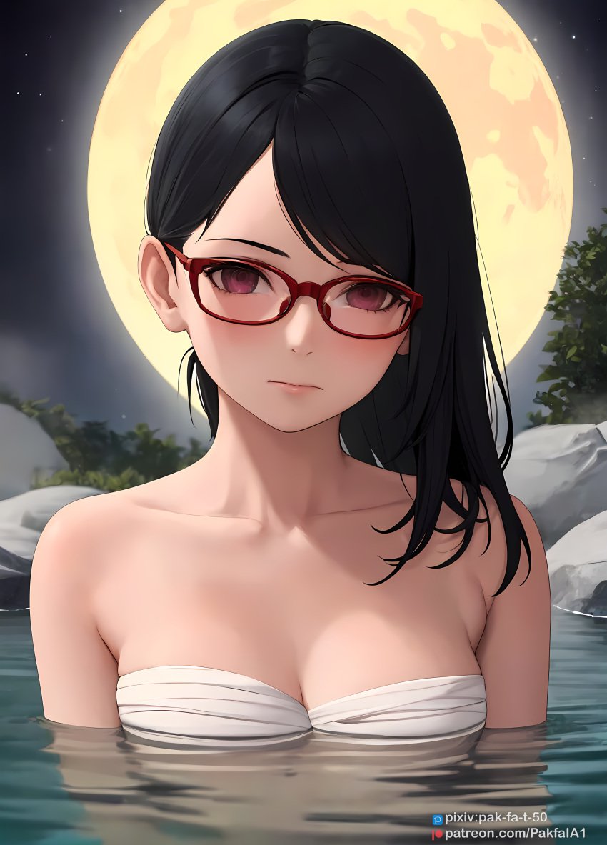 1girls ai_generated alternate_hair_length bath black_hair boruto:_naruto_next_generations female_only glasses long_hair naruto naruto_(series) pakfaia red_eyes sarada_uchiha sharingan teenager very_long_hair