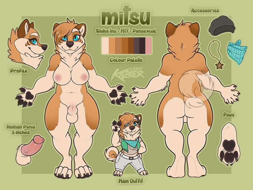 2017 anthro blue_eyes breasts canine clothed clothing conditional_dnp dickgirl furry furry_only intersex kabier mammal mitsu_(kabier) model_sheet no_humans nude penis simple_background