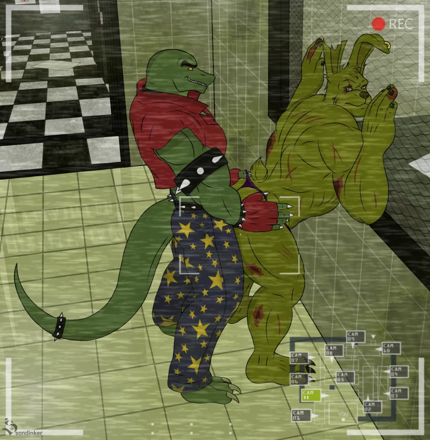 2boys adel_the_lizard anthro ass clothed clothing cocky cocky_smile five_nights_at_freddy's five_nights_at_freddy's_3 fnaf from_behind furry gay green_body green_skin humanoid imminent_sex looking_at_another looking_back male male/male male_only muscular muscular_male partially_clothed rabbit scalie scars_all_over scottgames sondinker_fazbear's springtrap springtrap_(fnaf)