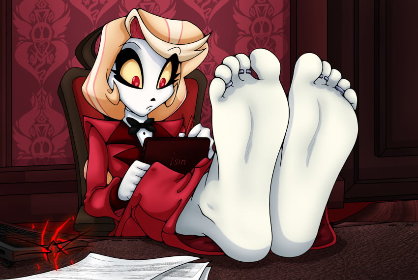 barefoot blonde_hair charlie_morningstar_(hazbin_hotel) dazidentevil feet feet_on_table feet_up foot_fetish hazbin_hotel solo_female