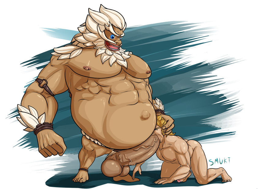 balls bara big_balls big_penis blowjob boner breath_of_the_wild daruk erection gay goron hand_on_head link male male_only muscles muscular nintendo nude oral penis smukt the_legend_of_zelda