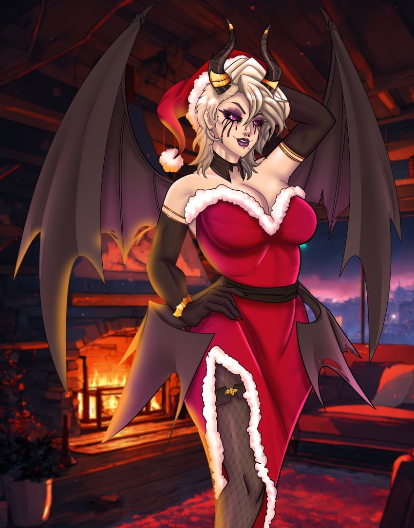 arm_behind_head black_eyeliner black_sclera chin_piercing christmas christmas_clothing christmas_outfit clothed deathblooms demon_girl demon_horns demon_tail fireplace fishnet_legwear hand_on_hip large_breasts lavender_hair lavender_skin non_nude nose_piercing purple_eyes santa_costume santa_hat short_hair virtual_youtuber vtuber