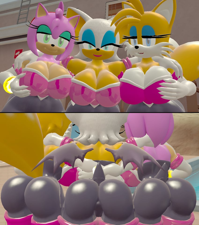 3d 3d_model 3girls alternate_breast_size amy_rose amy_the_bat anthro big_breasts bodysuit bubble_butt female female_only front_and_back front_view furry looking_back mobian mobian_(species) mobian_bat multiple_girls neckline presenting_ass rouge_the_bat rouge_the_bat_(cosplay) rule_63 sega skulltronprime969 sonic_(series) sonic_adventure_2 sonic_the_hedgehog_(series) spandex_suit tailsko thick_thighs