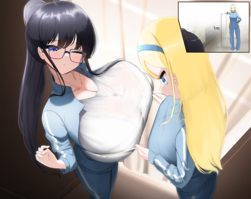 2girls black_hair blonde_hair blue_eyes breasts breasts_bigger_than_head from_above glasses huge_breasts measuring measuring_breasts megane-chan_(nicorima) nicorima oc one_eye_closed ponytail sportswear tape_measure track_jacket