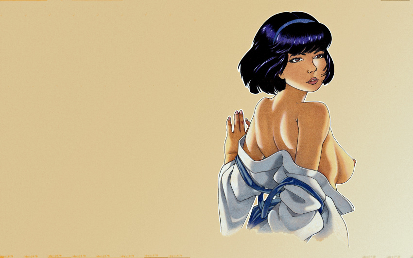 1girls 8:5 black_hair_female disrobing facing_away_from_viewer hand_on_wall head_turned_sideways headband mardoek50 nipple paper_background sabrina_ringenbach side_view sideboob solo wallpaper yoko_tsuno yoko_tsuno_(character)