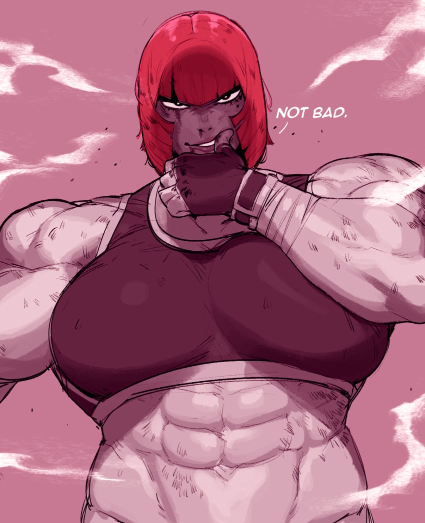 blood_on_face hand_on_face huge_biceps huge_pectorals krekk0v marisa_rossetti muscular_female red_hair sadistic_smile street_fighter street_fighter_6 taller_female wide_waist