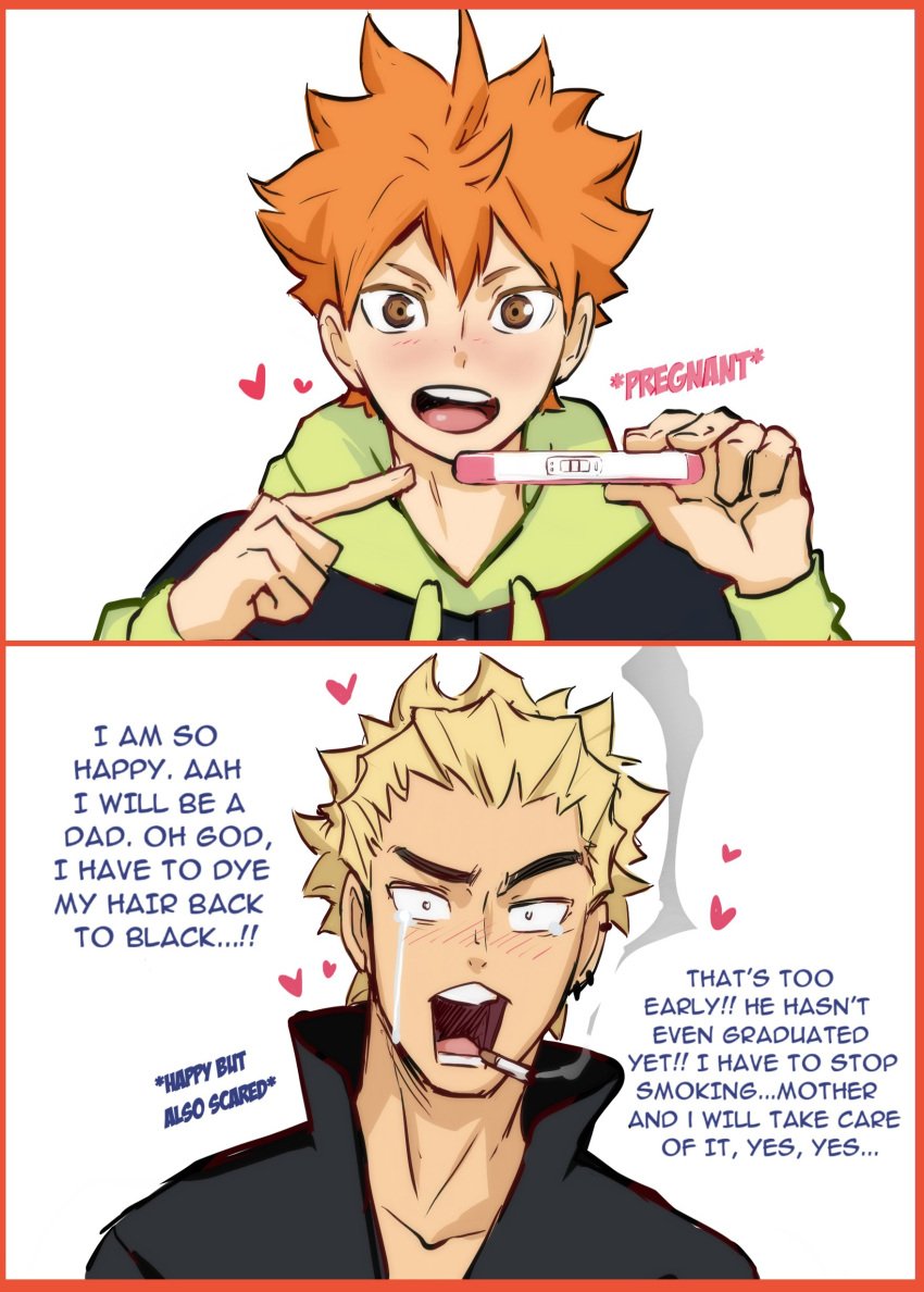 2boys after_anal after_sex age_difference blonde_hair blush cigarette crying dialogue gay haikyuu!! happy heart hearts_around_head lilprincyvi loving_couple male/male older_male orange_hair pregnancy_test pregnant_male shoyo_hinata size_difference speech teacher_and_student teen_boy ukai_keishin white_background yaoi younger_male