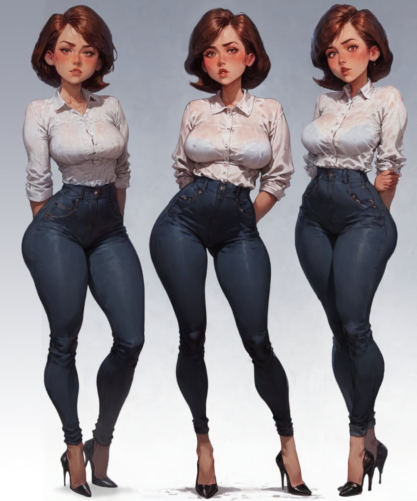 2girls ai_generated ai_hands arms_behind_back bangs black_footwear black_pants blush bra bra_visible_through_clothes breasts brown_eyes brown_hair buttons cleavage clothing collared_shirt denim disney dress_shirt earrings female female_only footwear full_body gradient gradient_background helen_parr high-waist_pants high_heels jeans jewelry large_breasts lips long_hair looking_at_viewer multiple_girls multiple_views original pants parted_lips pencil_skirt pixar see-through shirt shirt_tucked_in shoes short_hair simple_background skirt sleeves_rolled_up standing swept_bangs taut_clothes teeth the_incredibles the_incredibles_2 thighs tight tight_pants variations wet wet_clothes wet_shirt white_shirt wing_collar xsfmworks