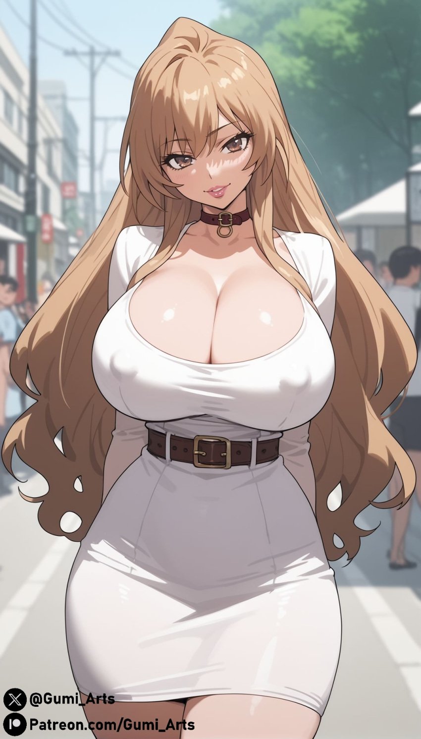 ai_generated aisaka_taiga alternate_body_type alternate_breast_size belt brown_eyes brown_hair cleavage collar covered_nipples dress gumi_arts head_tilt huge_breasts lipstick outdoors parted_lips smile stable_diffusion thick_thighs toradora! wide_hips